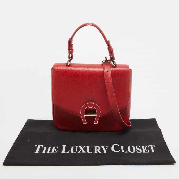 Pre Owned Aigner Red Leather Logo Flap Top Handle Bag