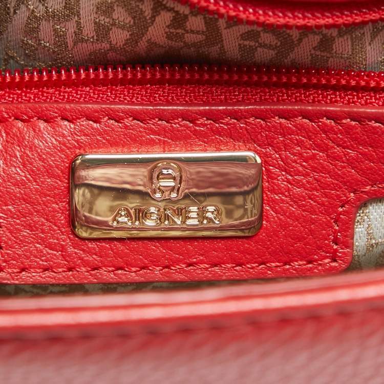 Pre Owned Aigner Red Leather Logo Flap Top Handle Bag