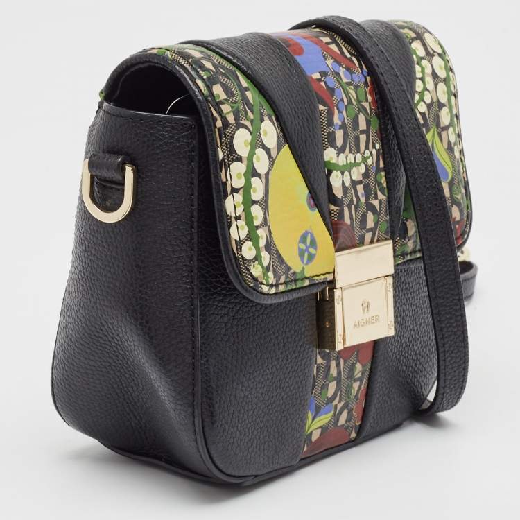 مملوكة مسبقًا Aigner Black Leather and Coated Canvas Crossbody Bag