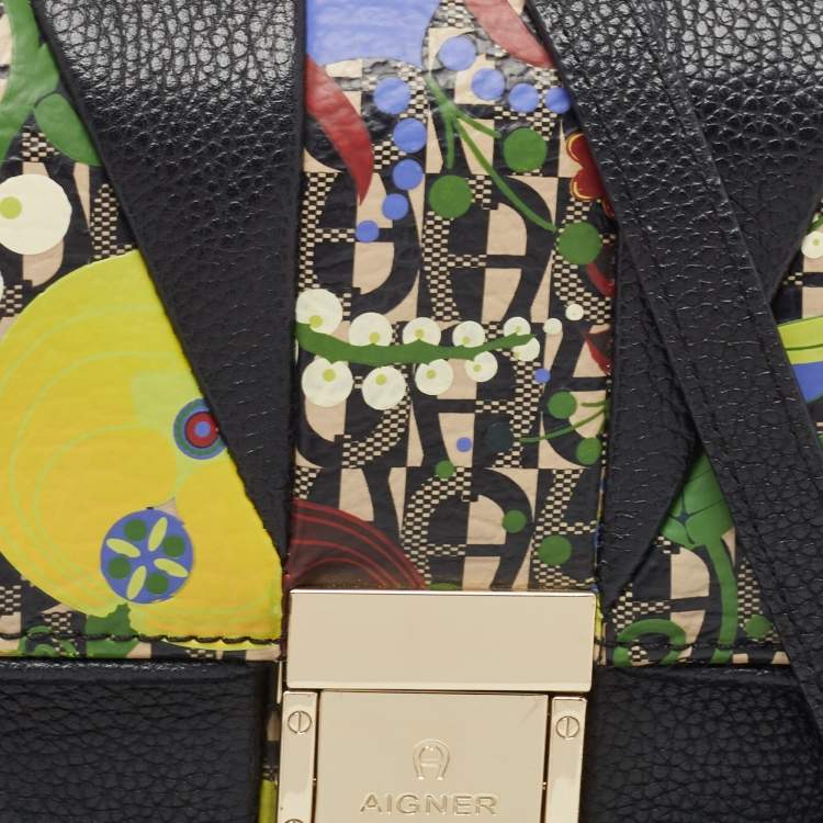 مملوكة مسبقًا Aigner Black Leather and Coated Canvas Crossbody Bag
