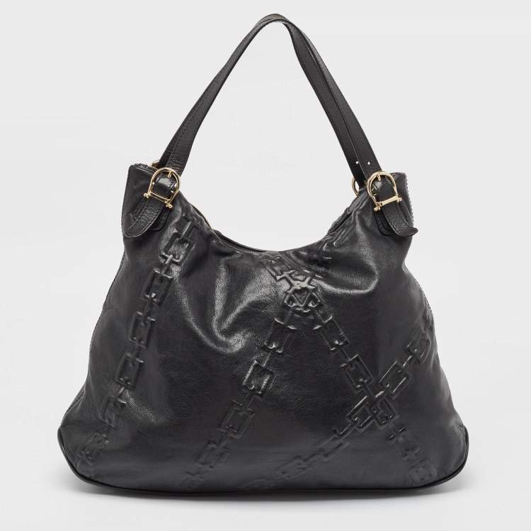 Pre Owned Aigner Black Chain Embossed Leather Hobo