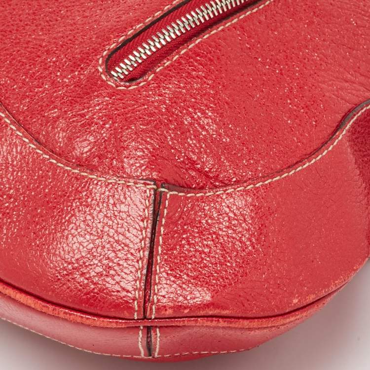Pre Owned Aigner Red Shimer Leather Tassel Pocket Hobo