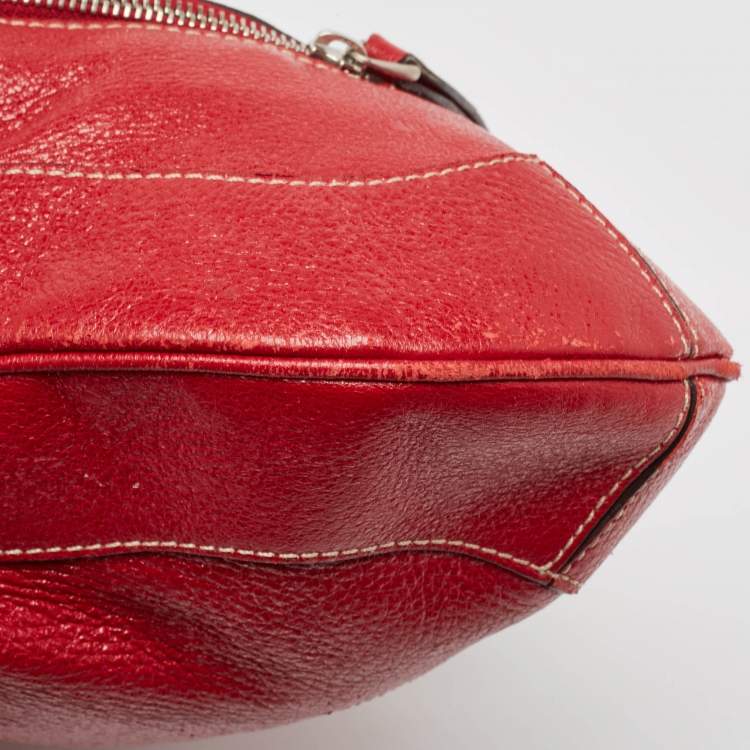 Pre Owned Aigner Red Shimer Leather Tassel Pocket Hobo