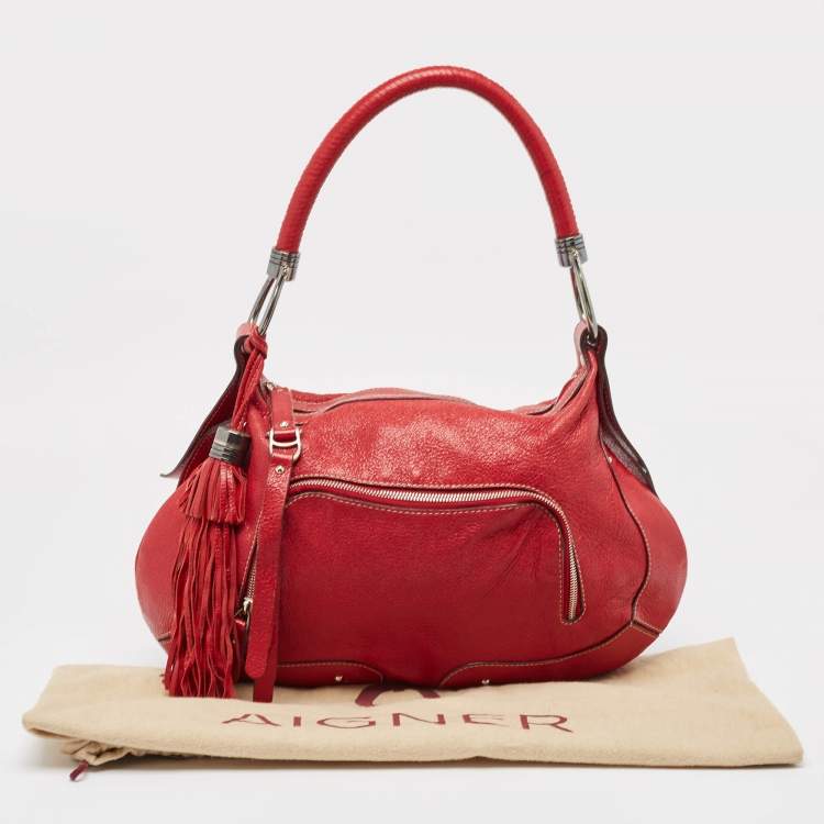 Pre Owned Aigner Red Shimer Leather Tassel Pocket Hobo