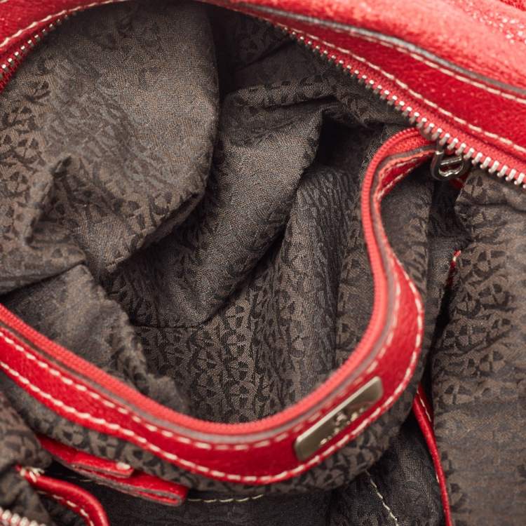 Pre Owned Aigner Red Shimer Leather Tassel Pocket Hobo