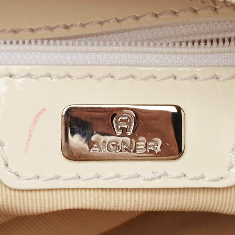 Pre Owned Aigner White/Cream Monogram Canvas and Patent Leather Logo Satchel