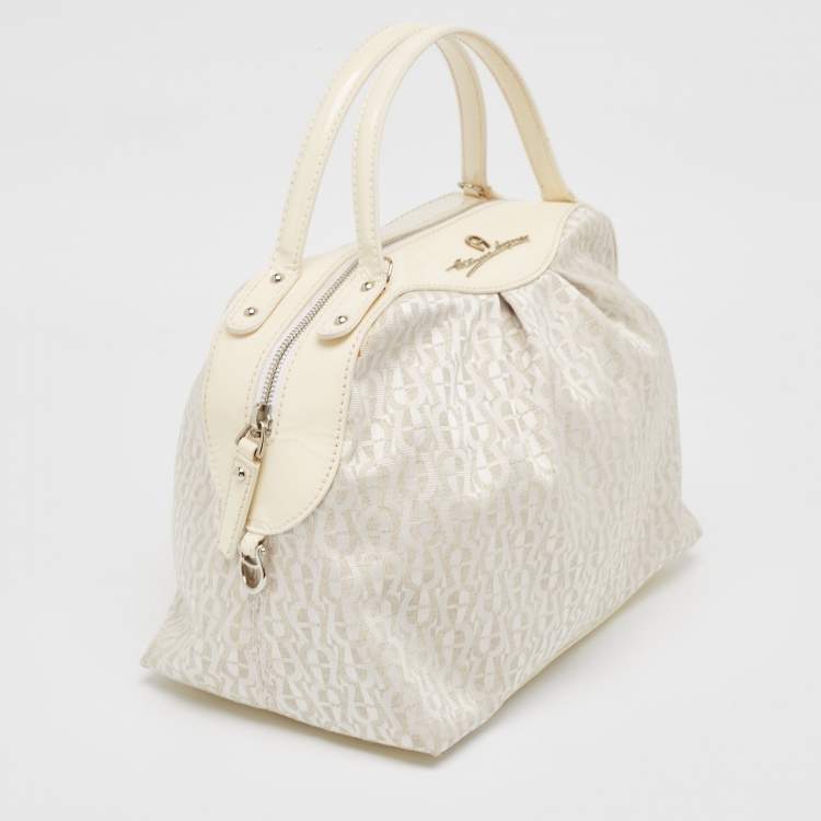 Pre Owned Aigner White/Cream Monogram Canvas and Patent Leather Logo Satchel