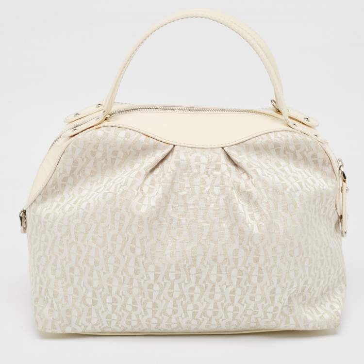Pre Owned Aigner White/Cream Monogram Canvas and Patent Leather Logo Satchel
