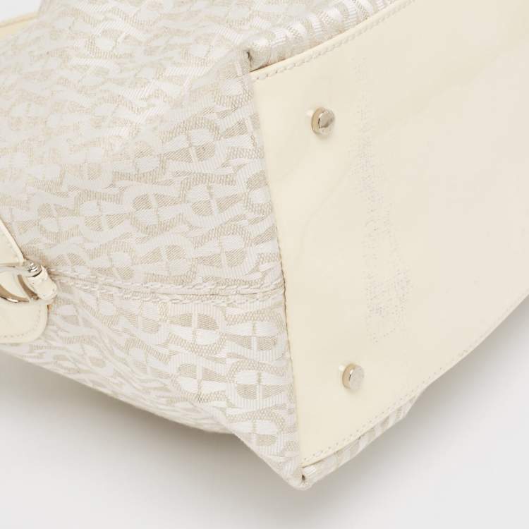 Pre Owned Aigner White/Cream Monogram Canvas and Patent Leather Logo Satchel