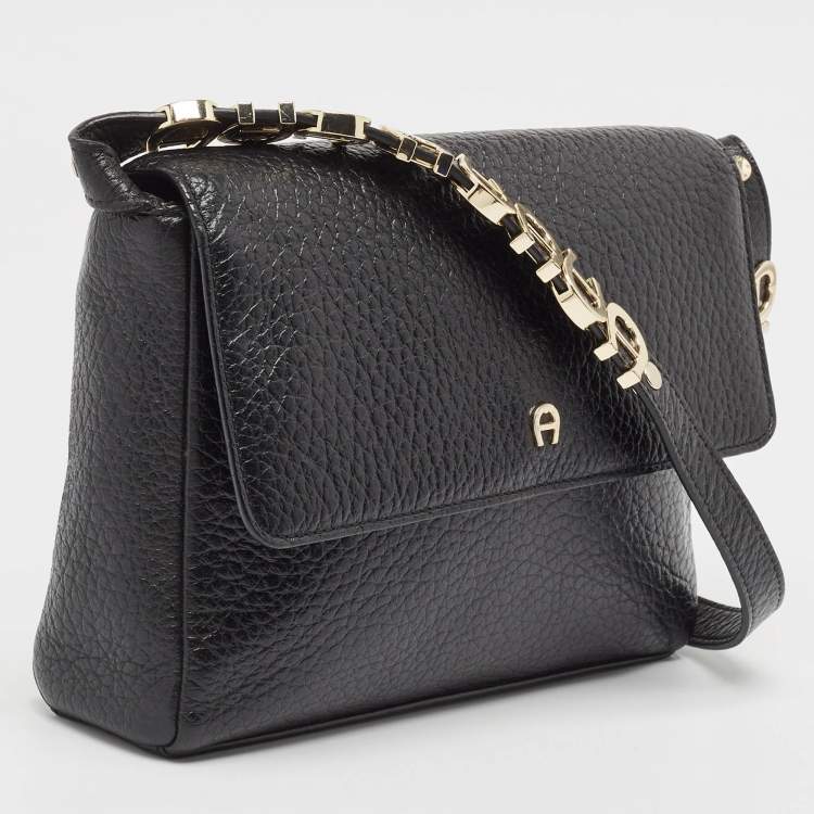 Pre Owned Aigner Black Pebbled Leather Flap Shoulder Bag