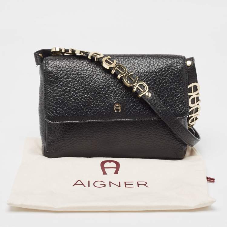Pre Owned Aigner Black Pebbled Leather Flap Shoulder Bag
