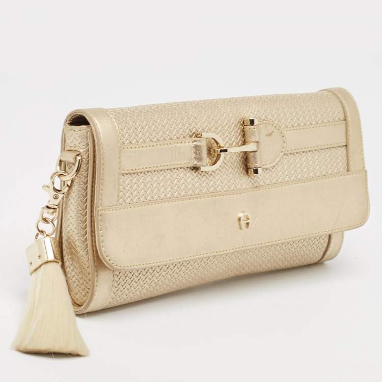 Pre Owned Aigner Gold Embossed Leather Cavallina Flap Clutch 