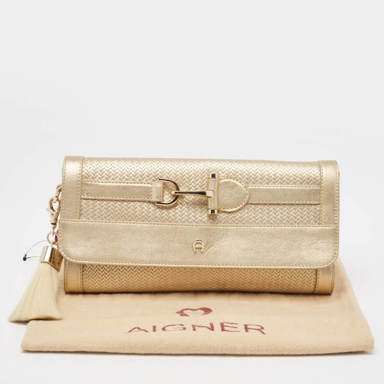 Pre Owned Aigner Gold Embossed Leather Cavallina Flap Clutch 