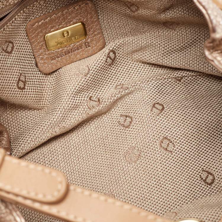 Pre Owned Aigner Metallic Beige Leather Buckle Satchel