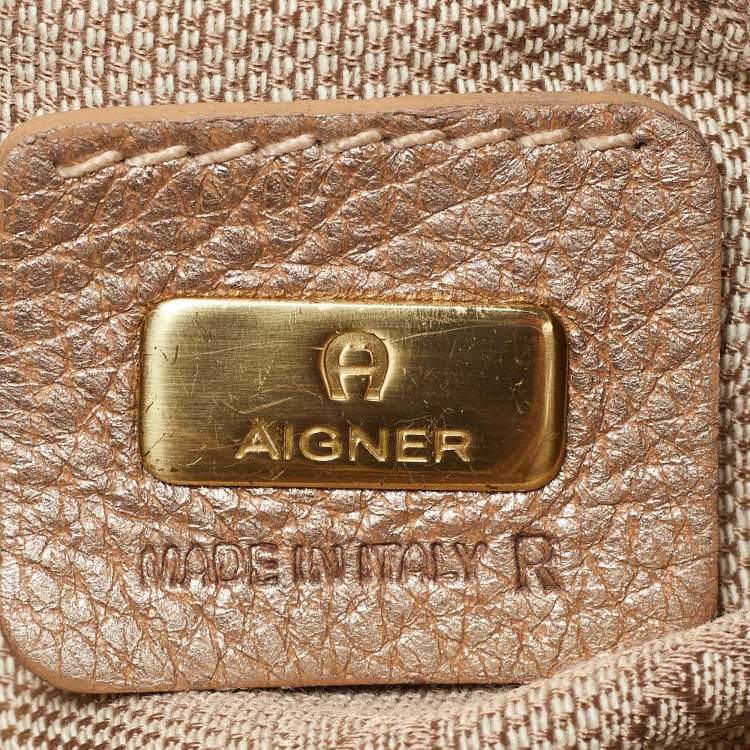 Pre Owned Aigner Metallic Beige Leather Buckle Satchel