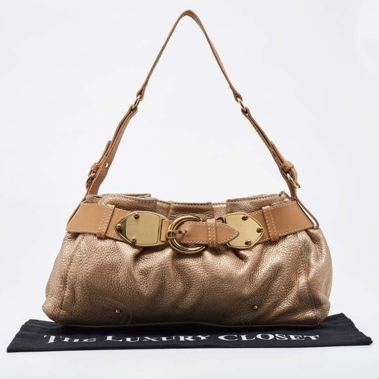 Pre Owned Aigner Metallic Beige Leather Buckle Satchel
