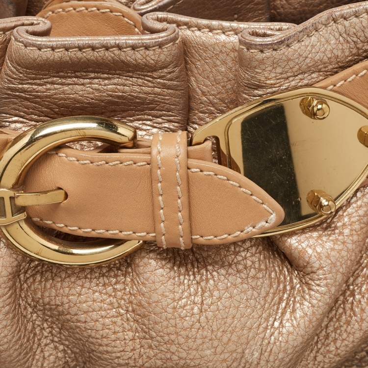 Pre Owned Aigner Metallic Beige Leather Buckle Satchel