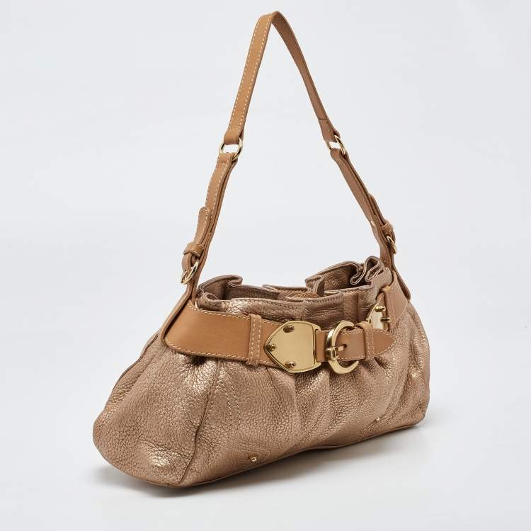Pre Owned Aigner Metallic Beige Leather Buckle Satchel