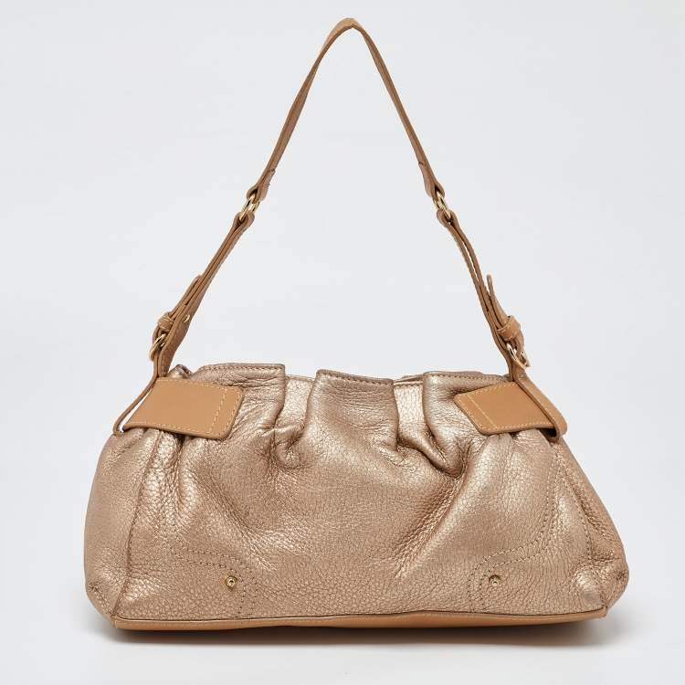 Pre Owned Aigner Metallic Beige Leather Buckle Satchel