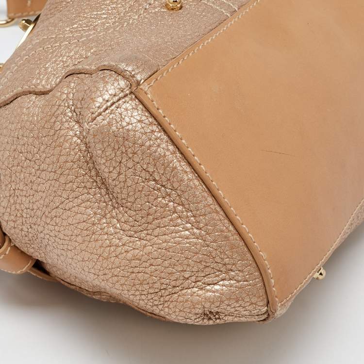 Pre Owned Aigner Metallic Beige Leather Buckle Satchel