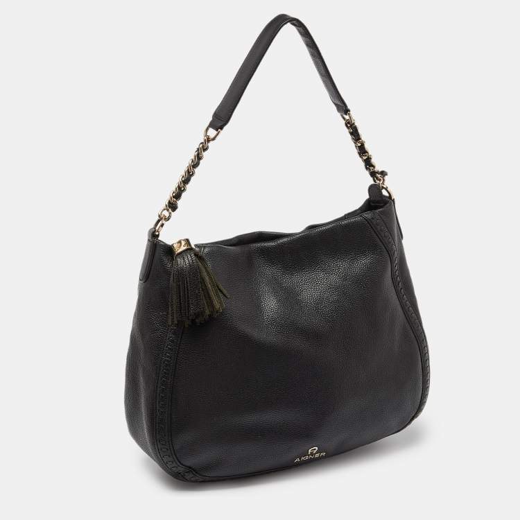Pre Owned Aigner Black Leather Zip Hobo