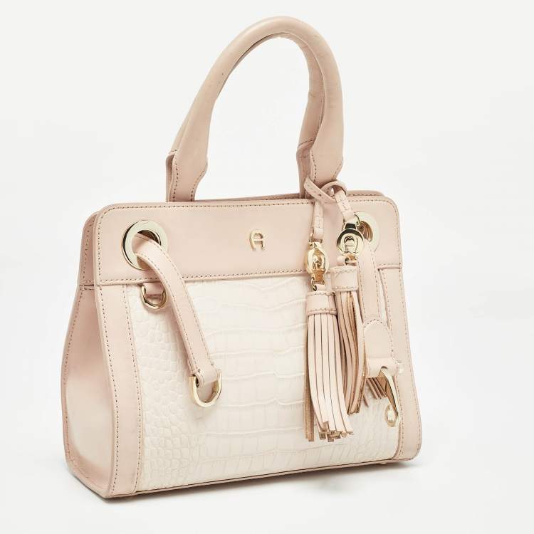 Pre Owned Aigner Two Tone Pink Croc Embossed Leather Cavallina Tote