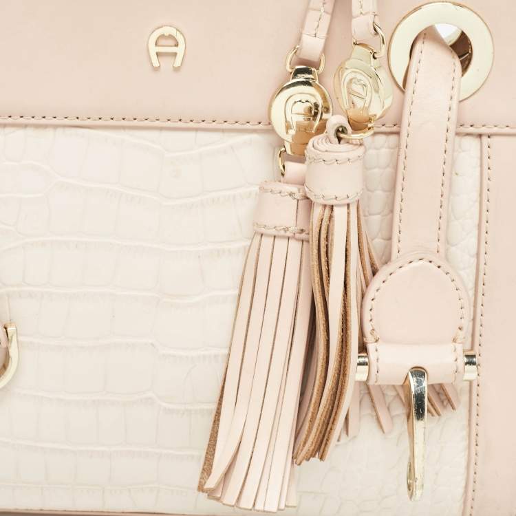 Pre Owned Aigner Two Tone Pink Croc Embossed Leather Cavallina Tote