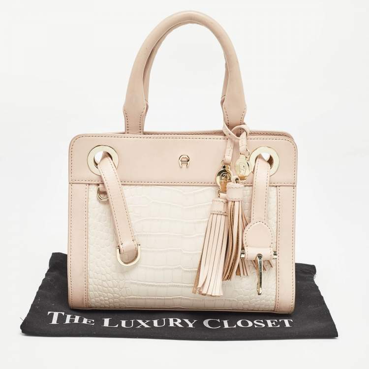 Pre Owned Aigner Two Tone Pink Croc Embossed Leather Cavallina Tote