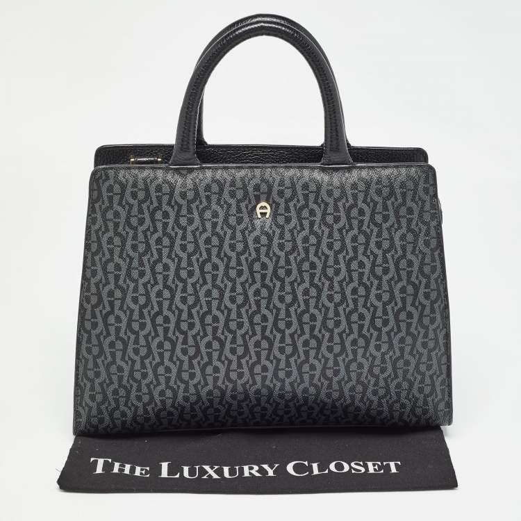 Pre Owned Aigner Black/Dark Grey Signature Coated Canvas Cybill Tote