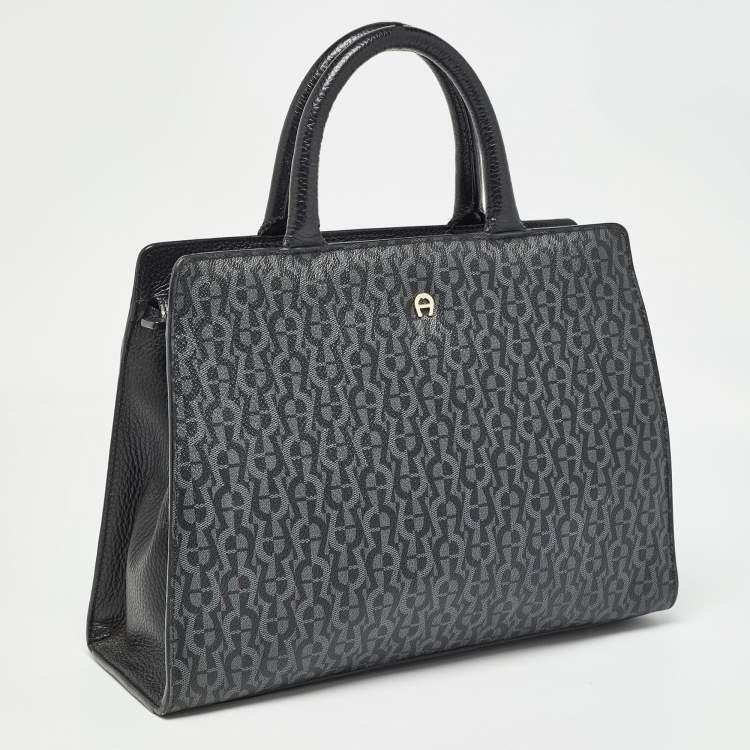 Pre Owned Aigner Black/Dark Grey Signature Coated Canvas Cybill Tote