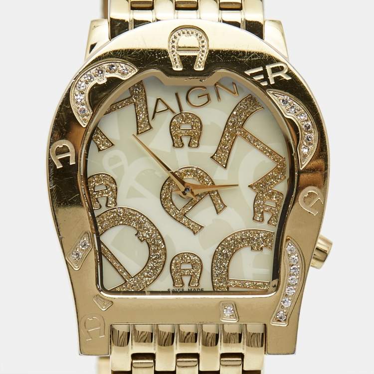 Pre Owned Aigner Yellow Mother of Pearl Gold Plated Steel Diamond Ravenna Nuovo A25100 Women's Wristwatch 33 mm
