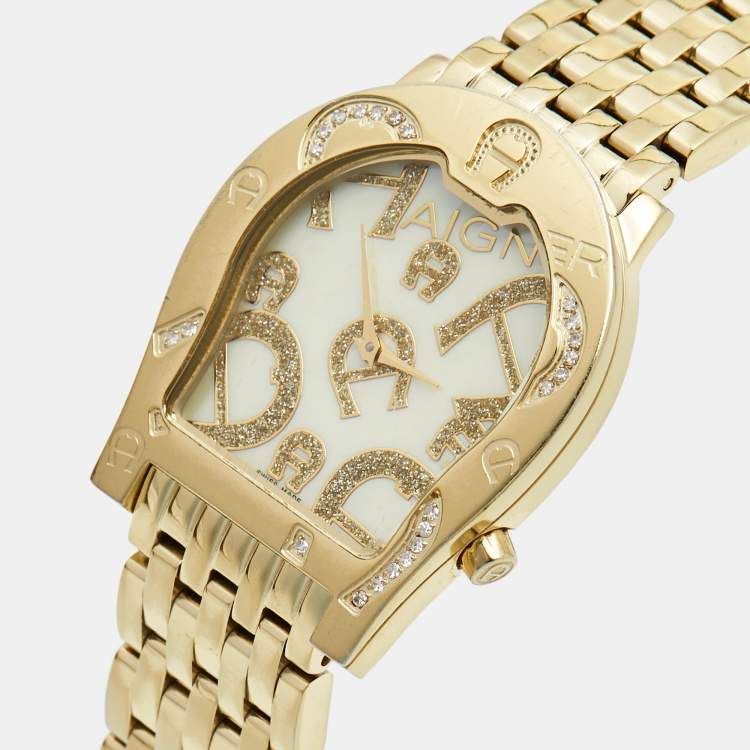 Pre Owned Aigner Yellow Mother of Pearl Gold Plated Steel Diamond Ravenna Nuovo A25100 Women's Wristwatch 33 mm