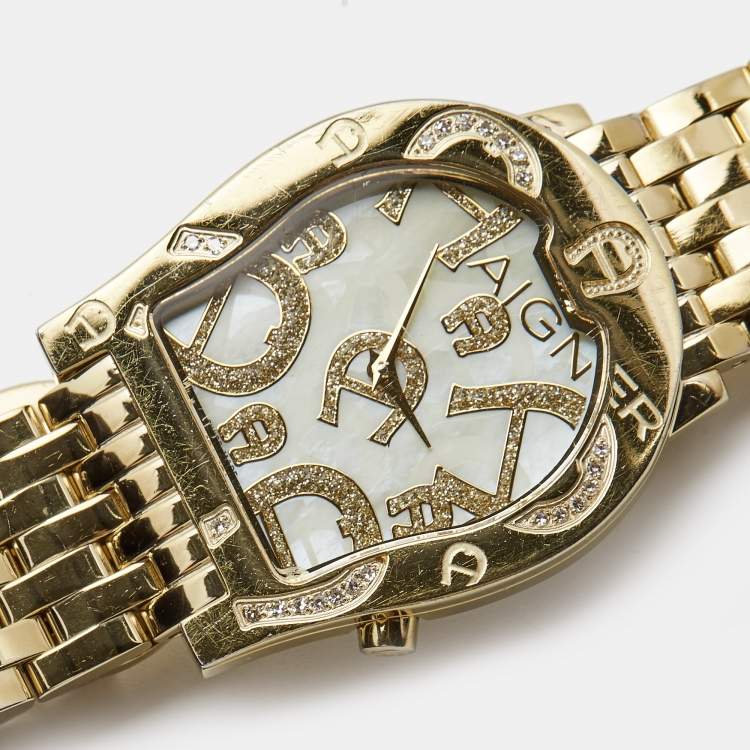 Pre Owned Aigner Yellow Mother of Pearl Gold Plated Steel Diamond Ravenna Nuovo A25100 Women's Wristwatch 33 mm