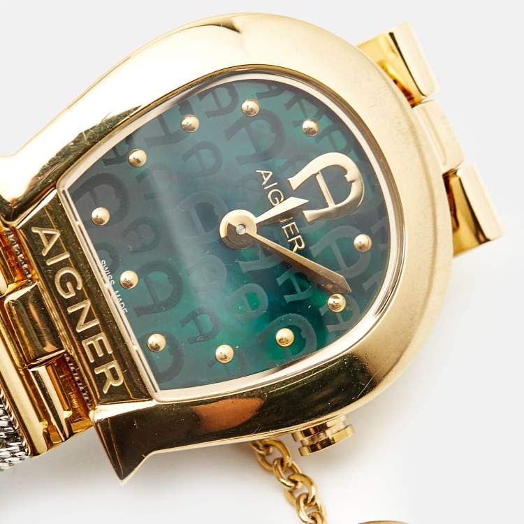 Pre Owned Aigner Green Mother Of Pearl Two-Tone Stainless Steel Cremona A115200 Women's Wristwatch 28 mm