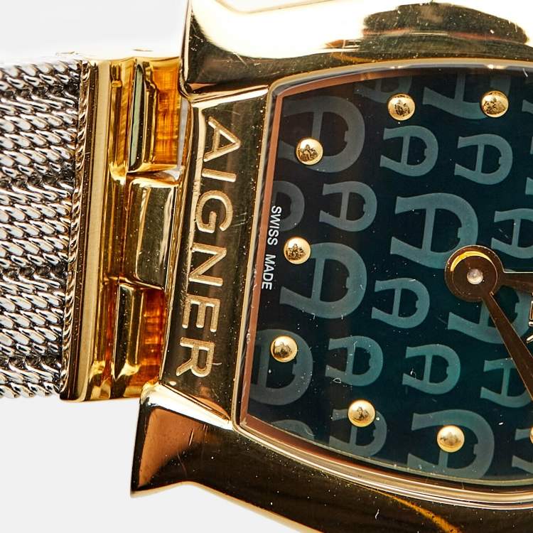 Pre Owned Aigner Green Mother Of Pearl Two-Tone Stainless Steel Cremona A115200 Women's Wristwatch 28 mm