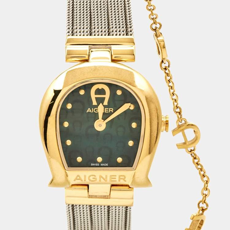 Pre Owned Aigner Green Mother Of Pearl Two-Tone Stainless Steel Cremona A115200 Women's Wristwatch 28 mm