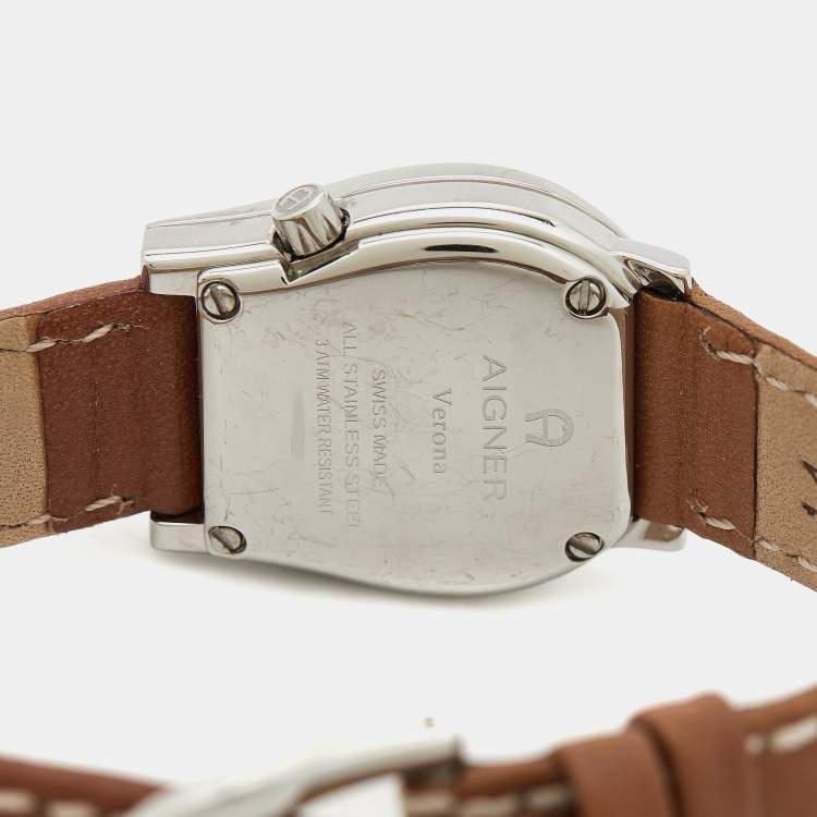 Pre Owned Aigner Silver Stainless Steel Leather Verona A01200 Women's Wristwatch 24 mm