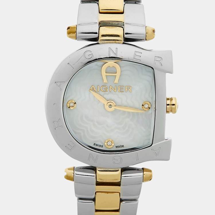 Pre Owned Aigner Mother of Pearl Two Tone Stainless Steel Arco A34200 Women's Wristwatch 25 mm 