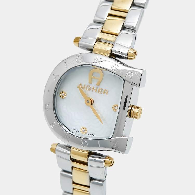 Pre Owned Aigner Mother of Pearl Two Tone Stainless Steel Arco A34200 Women's Wristwatch 25 mm 