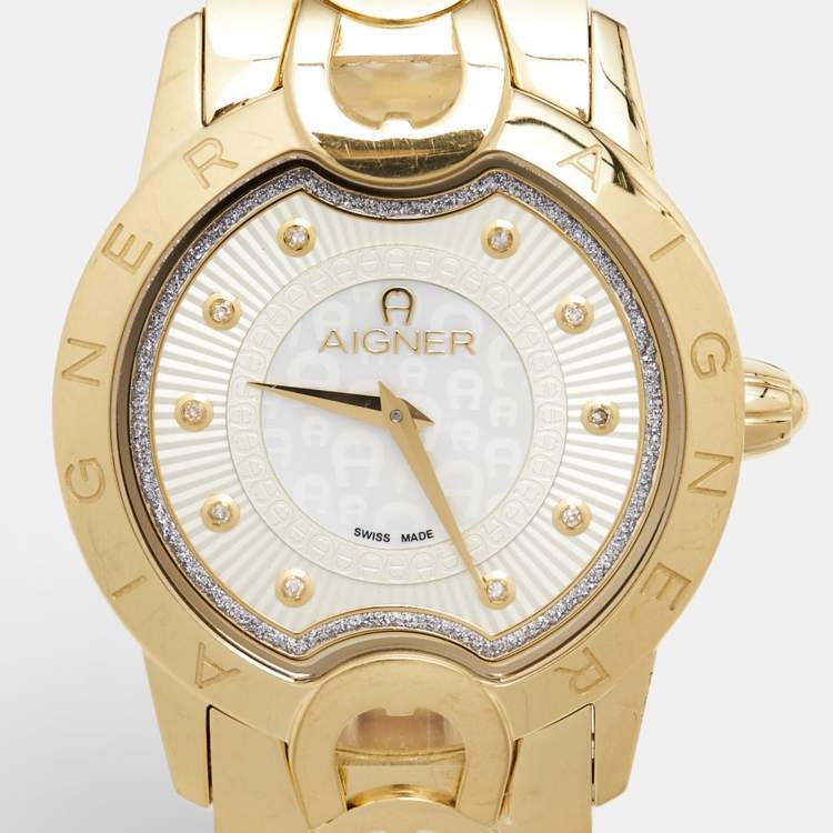 Pre Owned Aigner Mother of Pearl Gold Plated Stainless Steel Cosenza A11300 Women's Wristwatch 36 mm 
