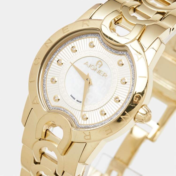 Pre Owned Aigner Mother of Pearl Gold Plated Stainless Steel Cosenza A11300 Women's Wristwatch 36 mm 