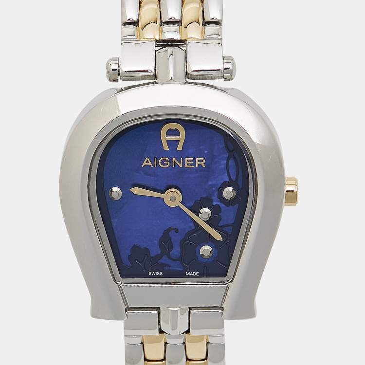 Pre Owned Aigner Blue Mother of Pearl Two Tone Stainless Steel Perugina LG21513 Women's Wristwatch 26 mm