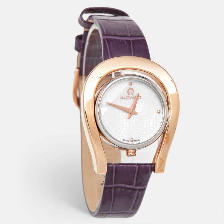 Pre Owned Aigner Mother Of Pearl Two-Tone Stainless Steel Leather Capri A146203 Women's Wristwatch 33 mm