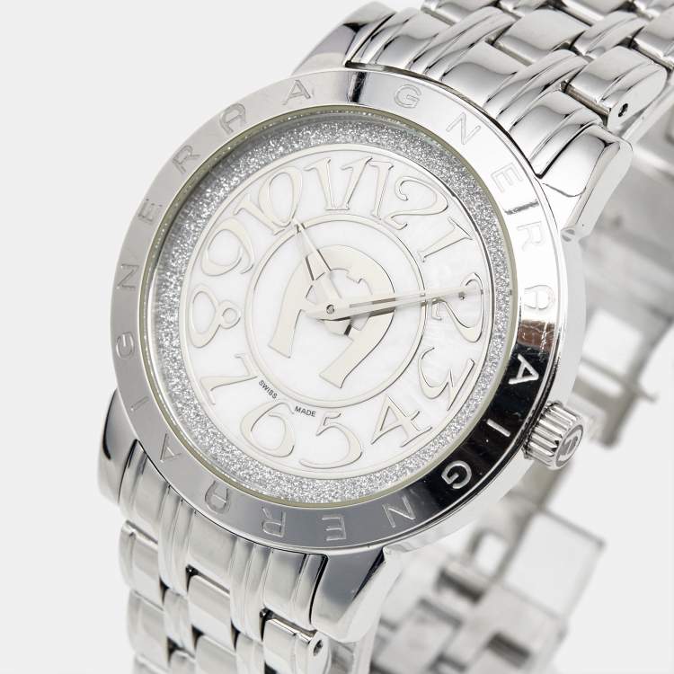 Pre Owned Aigner Mother of Pearl Stainless Steel Cortina A26300 Women's Wristwatch 36 mm