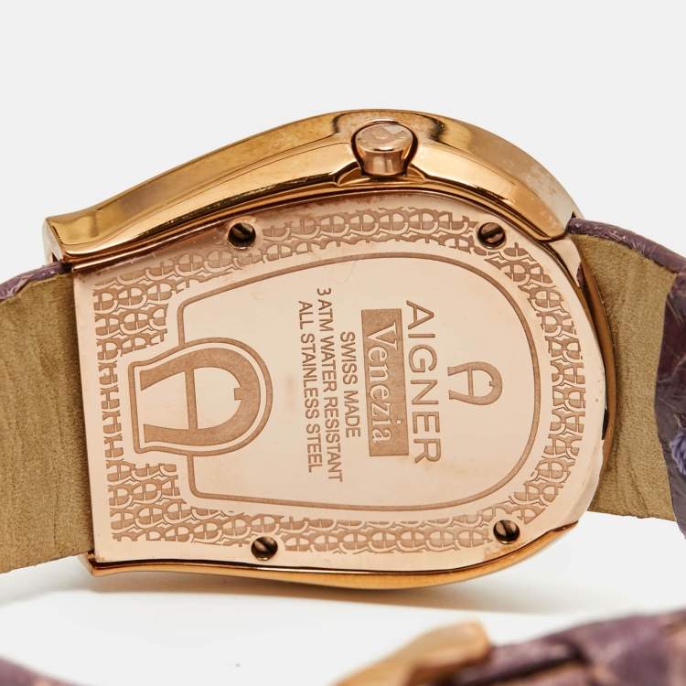Pre Owned Aigner Mother of Pearl Rose Gold Plated Stainless Steel Leather Venezia A39200 Women's Wristwatch 36 mm
