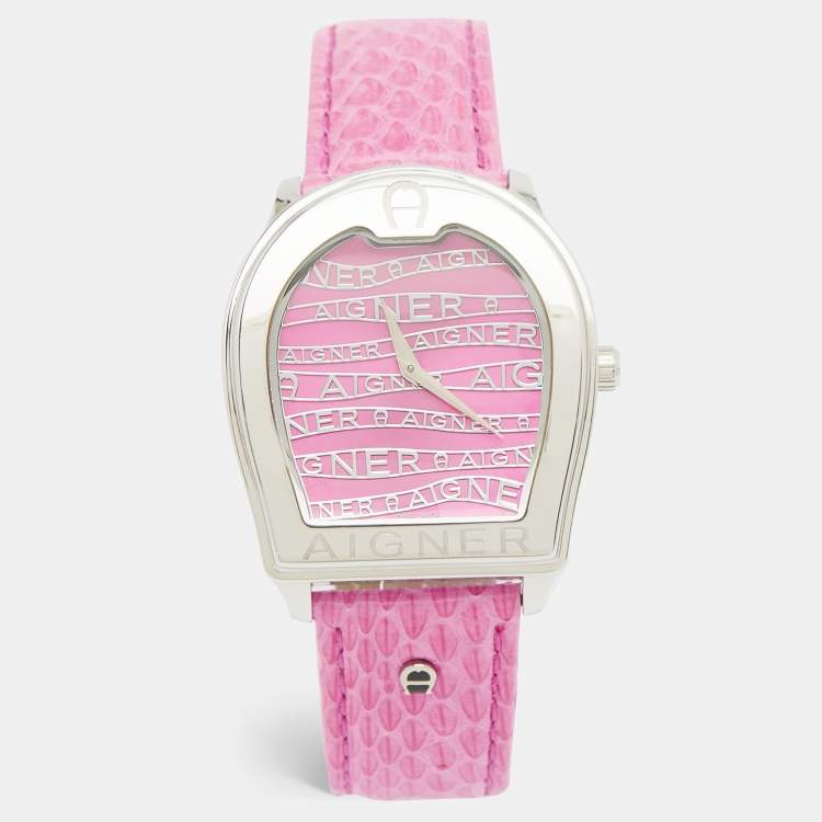 Pre Owned Aigner Pink Stainless Steel Leather Verona A48300 Women's Wristwatch 36 mm 