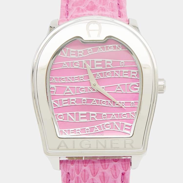 Pre Owned Aigner Pink Stainless Steel Leather Verona A48300 Women's Wristwatch 36 mm 