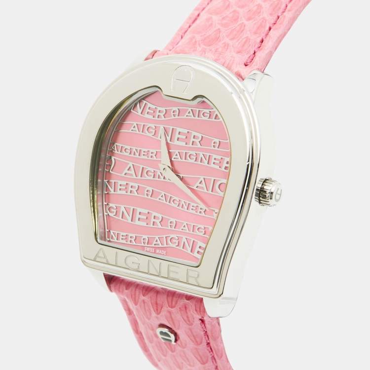 Pre Owned Aigner Pink Stainless Steel Leather Verona A48300 Women's Wristwatch 36 mm 