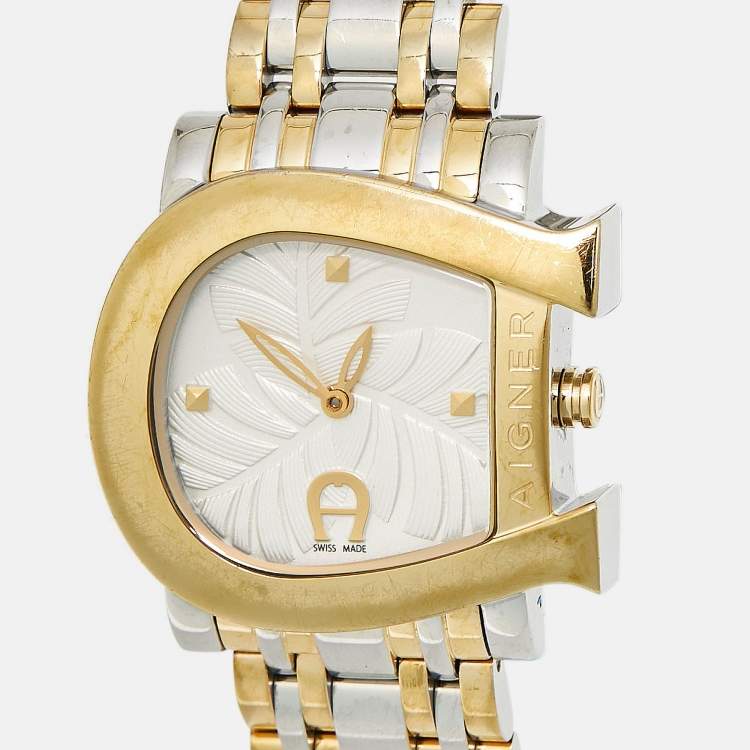 Pre Owned Aigner Genua Due A31600 Cream Leaves Two-Tone Stainless Steel Women's Wristwatch 31 mm