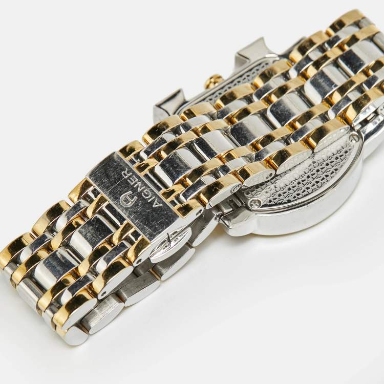 Pre Owned Aigner Genua Due A31600 Cream Leaves Two-Tone Stainless Steel Women's Wristwatch 31 mm